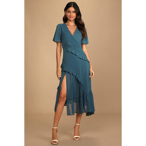 Lulus Slate Blue Swiss Dot Ruffled Midi Dress - Size M - NEW WITH TAGS